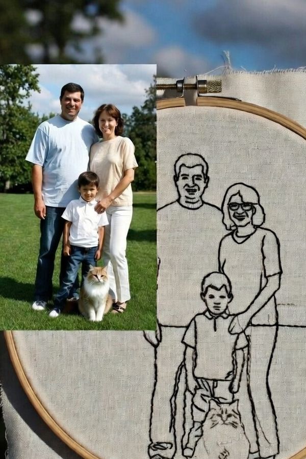 Foto de família transformada em bordado no bastidor